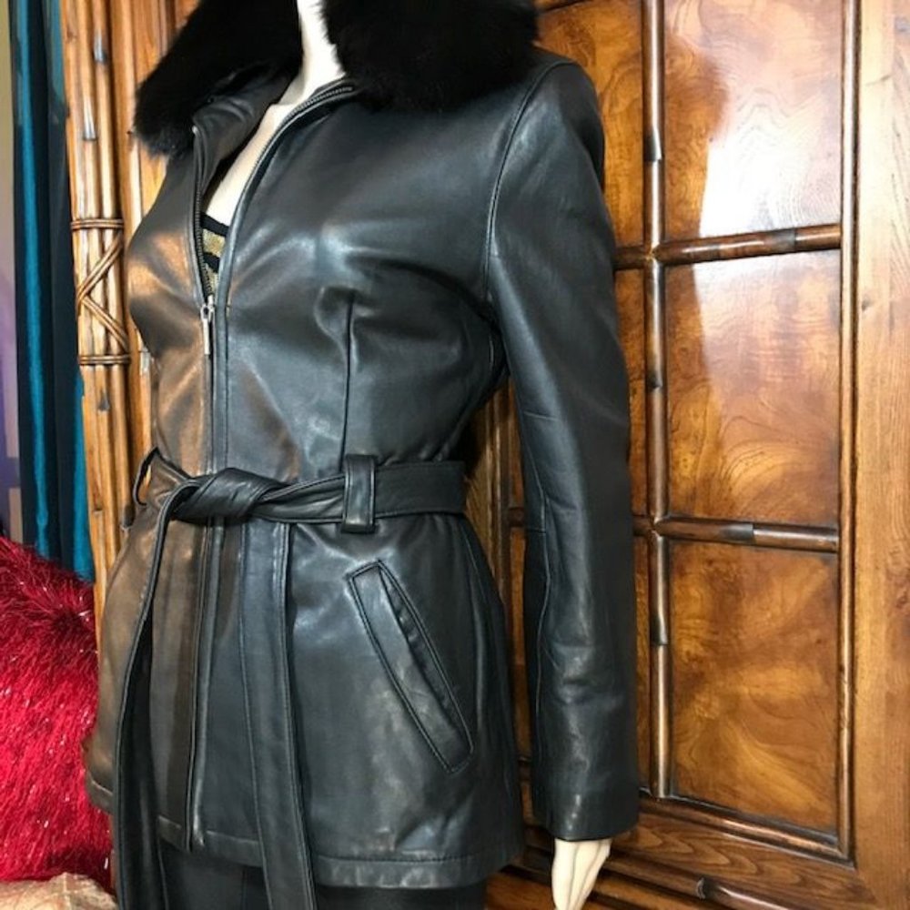 Kasper Genuine Leather Belted Removable Faux Fur Collar Coat - Picture 11 of 16